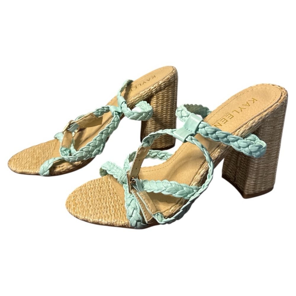 KAYLEEN By Los Angeles Teal and Tan Platform Sandals with Braided Straps - Picture 3 of 6